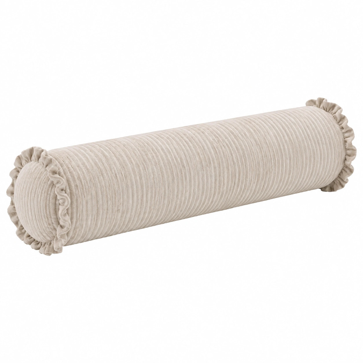 Cuscino cilindrico 15 x 45 cm in tessuto a coste beige con volant decorativi