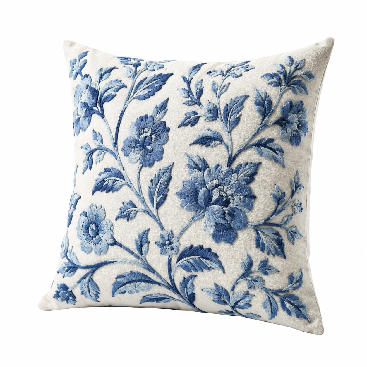 Cuscino decorativo 45 x 45 cm in tessuto avorio blu con ricamo floreale stile classico