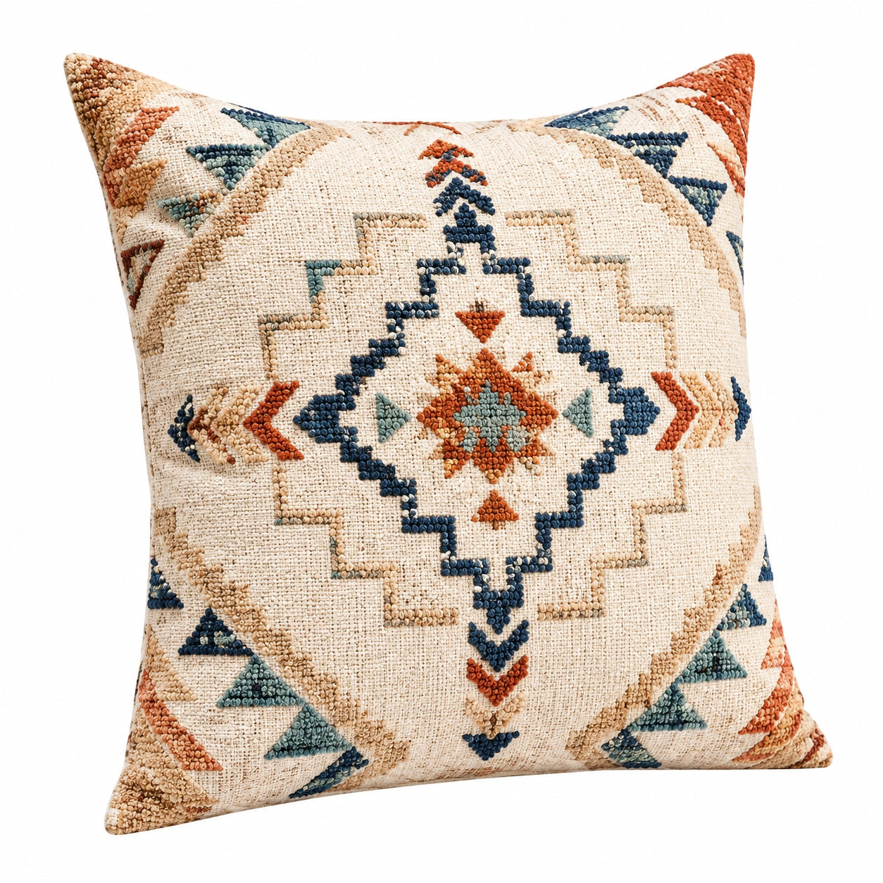 Cuscino decorativo 45 x 45 cm in tessuto beige con ricamo geometrico stile boho
