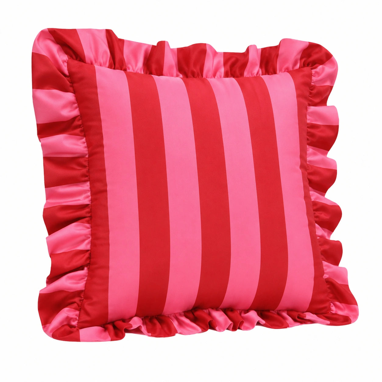 Cuscino decorativo 45 x 45 cm in tessuto sintetico satinato rosso e rosa a righe con volant