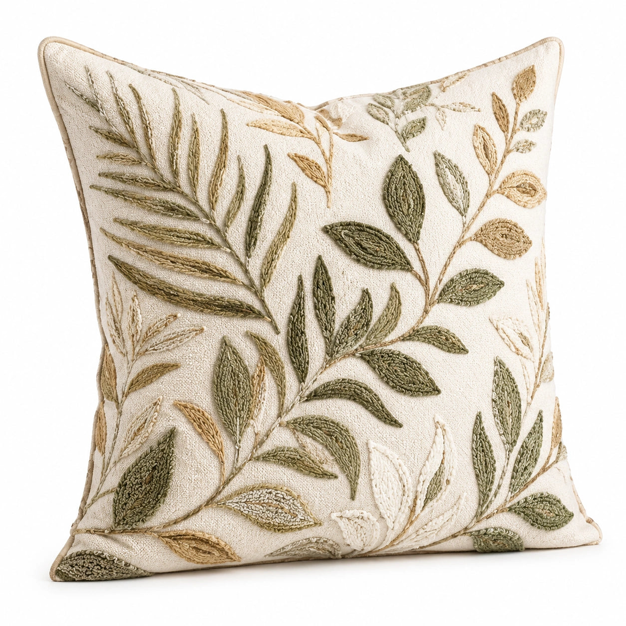 Cuscino decorativo 45 x 45 cm in tessuto beige con ricamo foglie stile botanico