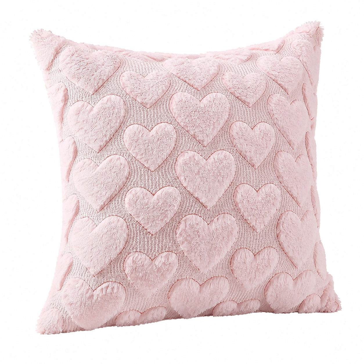 Cuscino decorativo 45 x 45 cm in tessuto rosa con cuori in rilievo - stile romantico