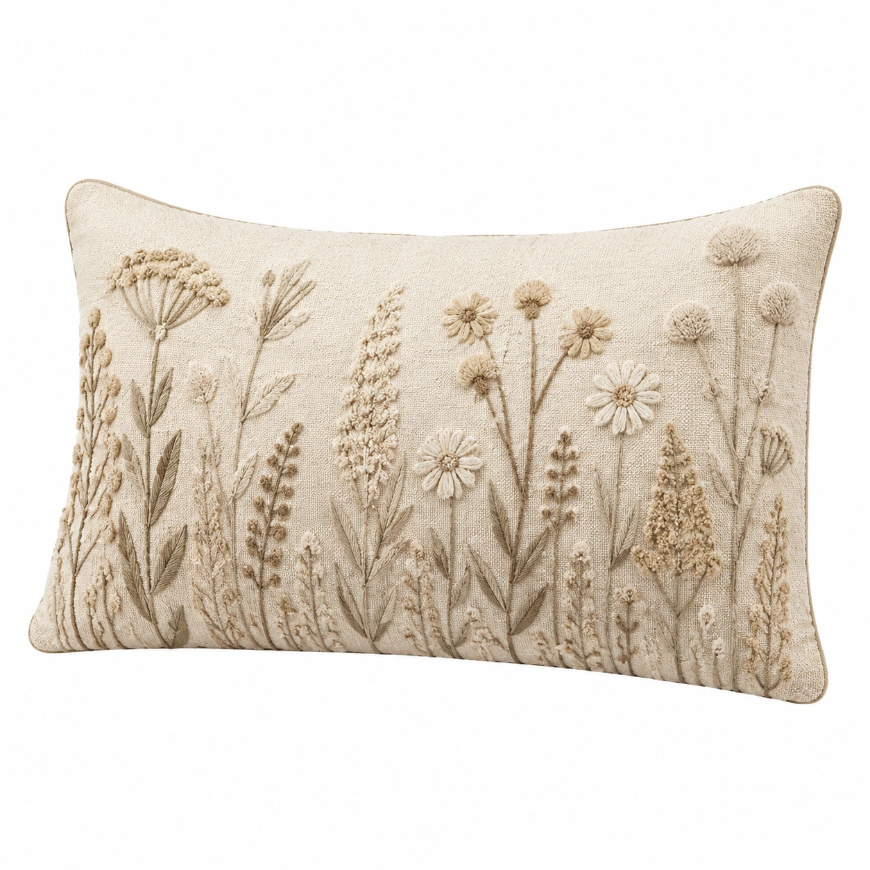 Cuscino decorativo 50 x 30 cm in tessuto beige con ricamo floreale stile botanico