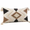 Cuscino decorativo rettangolare 50 x 30 cm in tessuto beige con nappine e motivo geometrico