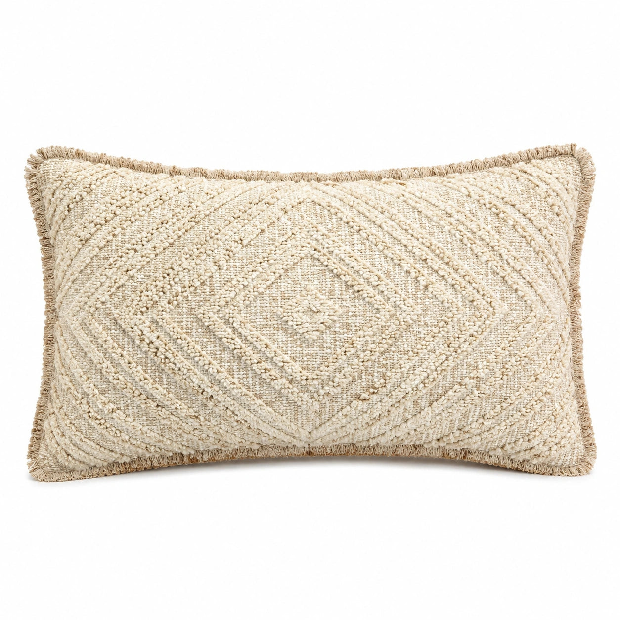 Cuscino decorativo 50 x 30 cm in tessuto avorio beige con motivo geometrico e frange