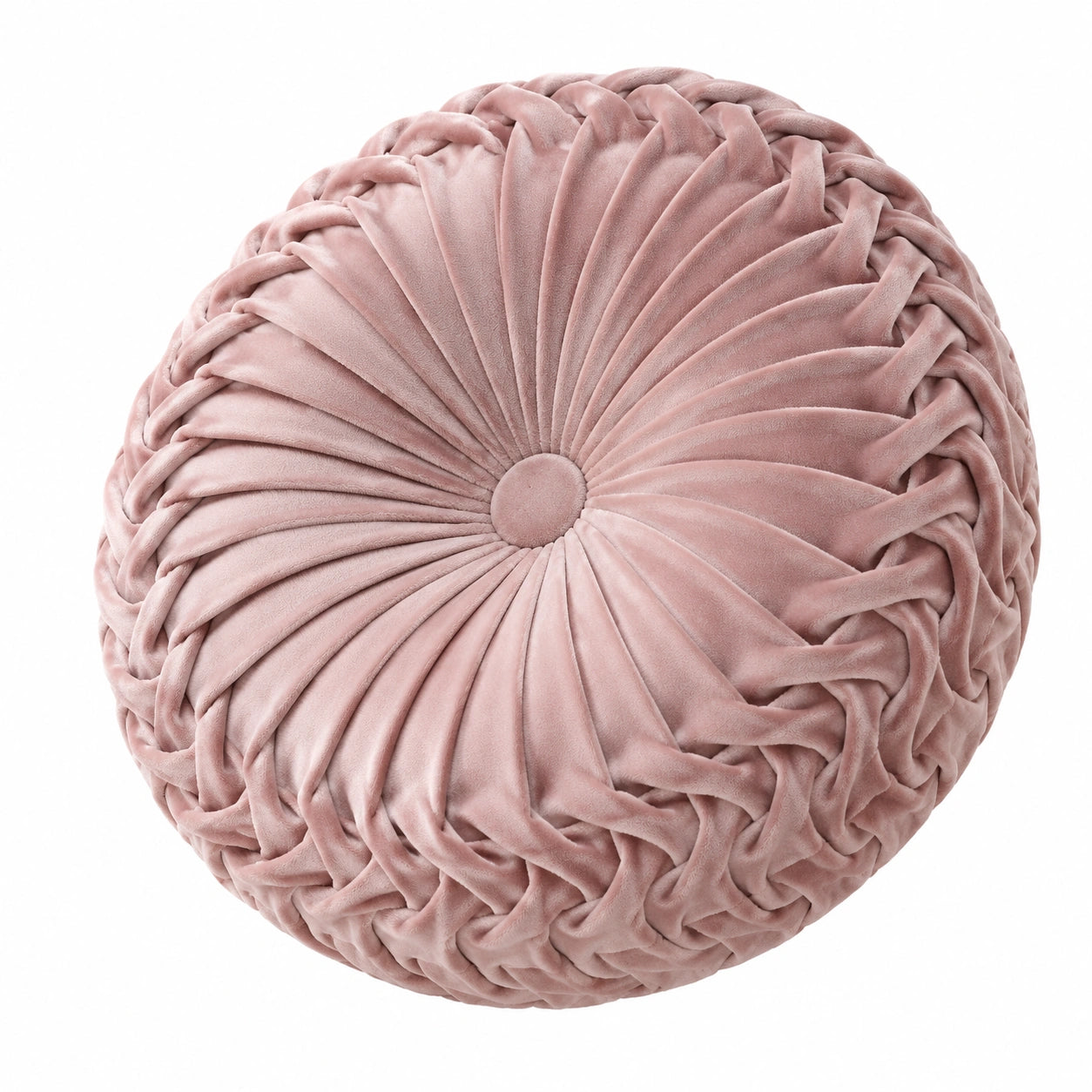 Cuscino decorativo rotondo 45 cm in velluto rosa con pieghe floreali