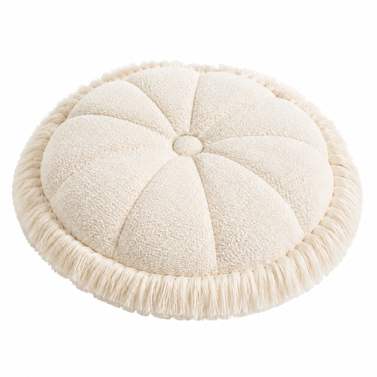 Cuscino decorativo rotondo 50 cm in tessuto bouclé avorio con frange - stile bohémien