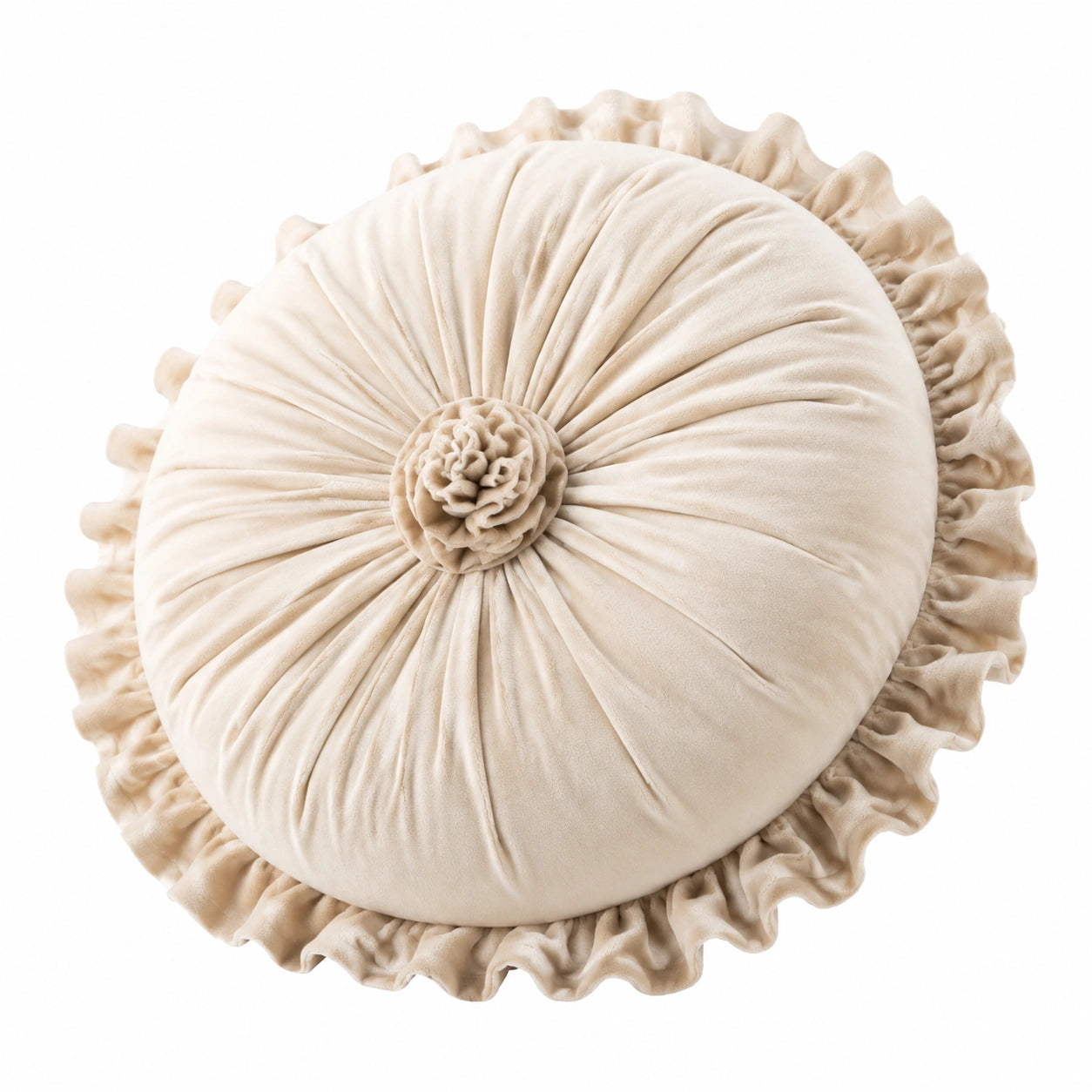 Cuscino decorativo rotondo 45 cm in velluto beige con volant