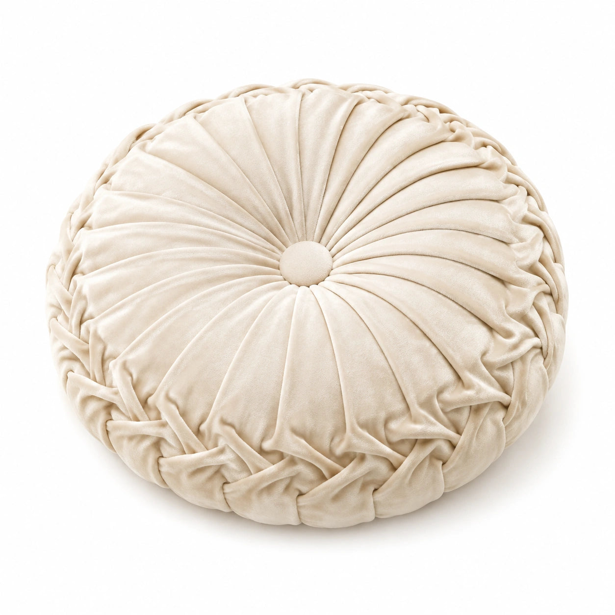 Cuscino decorativo rotondo 40 cm in tessuto vellutato avorio con pieghe stile classico