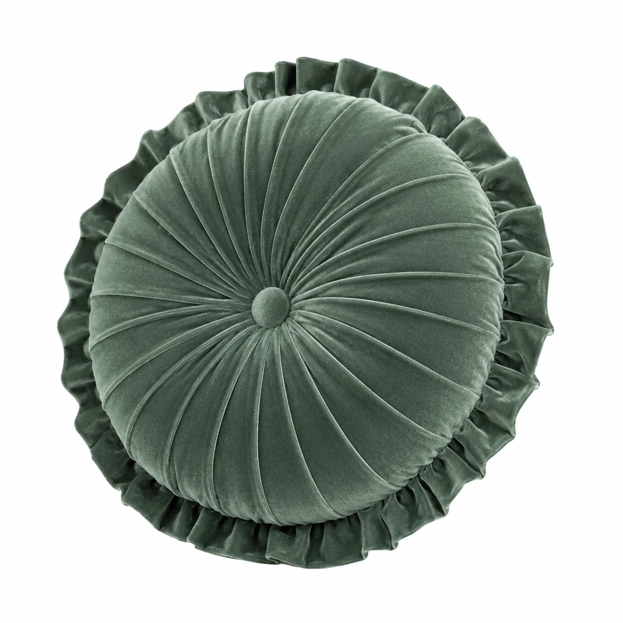 Cuscino decorativo rotondo 45 cm in velluto verde con volant